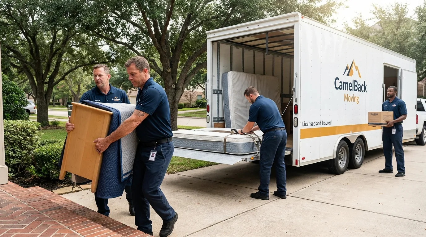 Crew loading residential truck for cross-state move from Shoals, IN