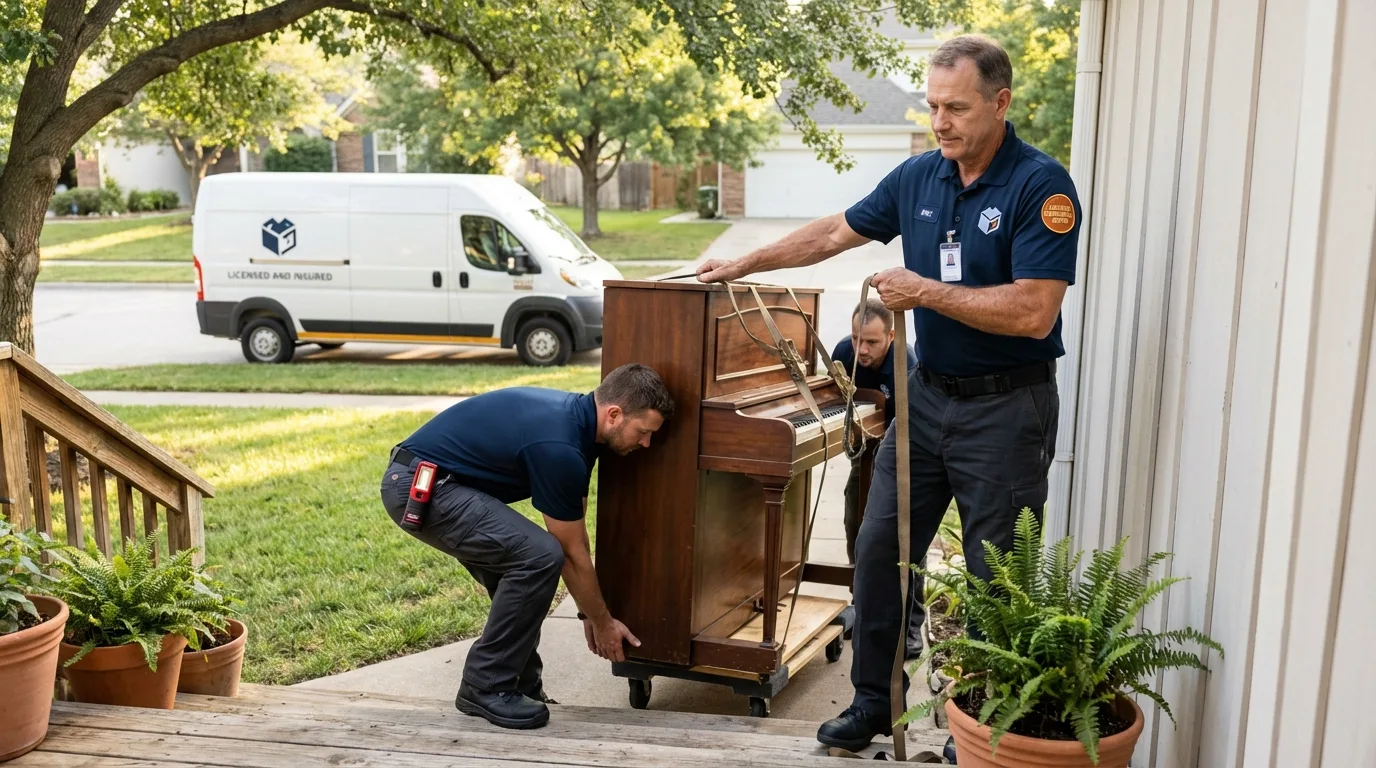 Licensed piano movers securing grand piano in Shoals, IN