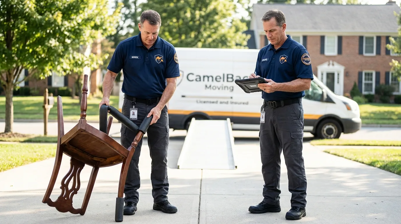 Movers inspecting furniture for damage prevention before loading in Shoals, IN