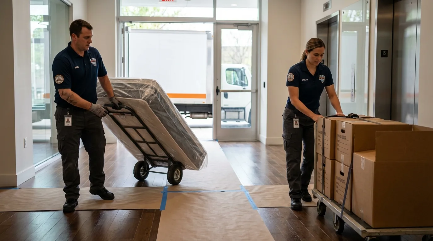 Professional apartment movers loading elevator in Shoals, IN
