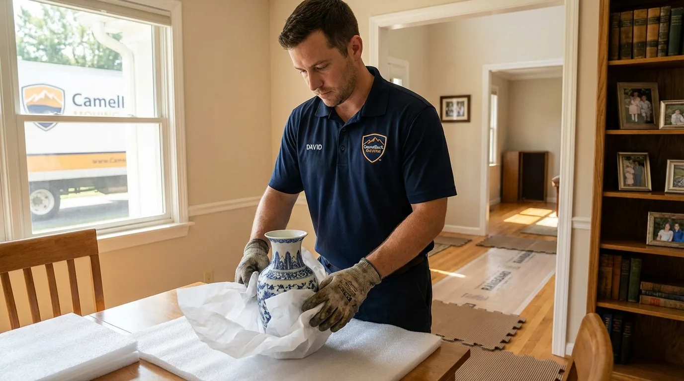 Professional crew carefully wrapping antique vase for senior downsizing move in Shoals, IN
